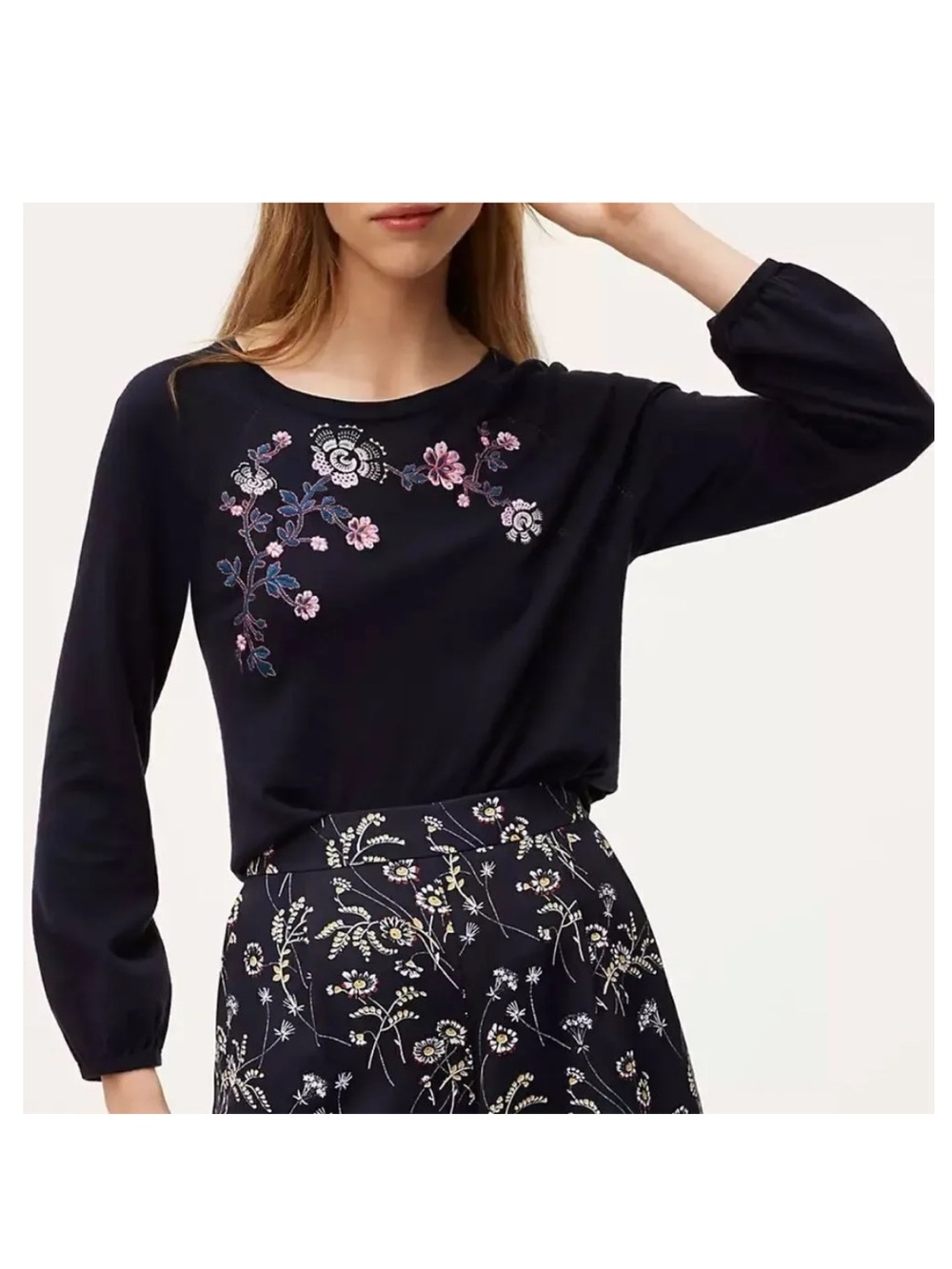 LOFT Navy Crewneck Sweater with Pink & Lavender Floral Embroidery